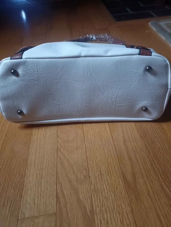 WHITE & BROWN SHOULDER BAG w/GENUINE LEATHER ACCENTS/TRIM-(NEW) - Picture 5 of 10